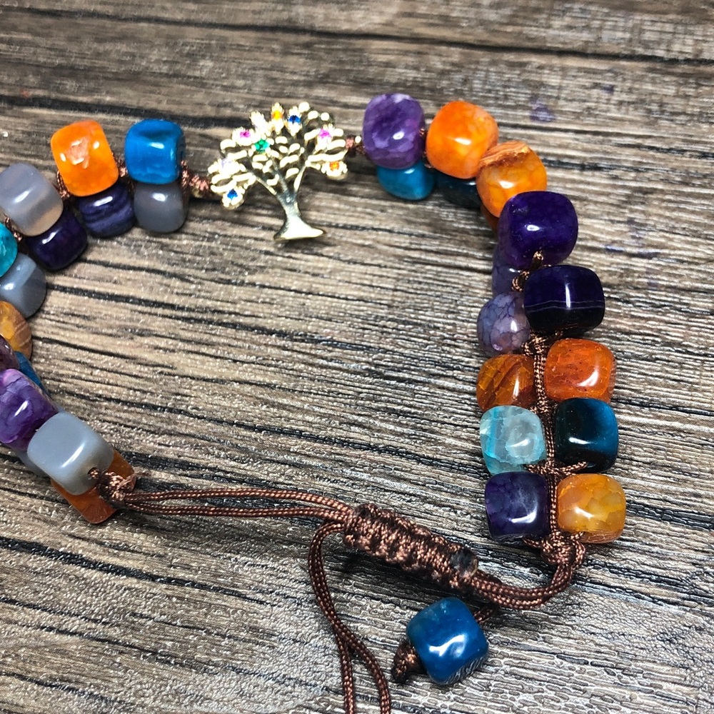 Multicolor Gemstone Bead Bracelet with Gold Tree Charm